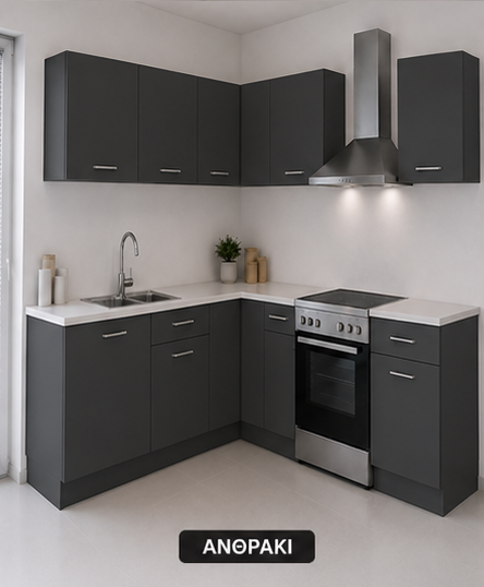 Intrahome Γωνιακή Κουζίνα 94 151x154 Πλάτος 305 κουτία 61cm / 58cm / Γωνία 90x90 / 64cm / 63cm Κρεμαστά – Βάσεις μαζί με πάγκο μελαμίνης 3,2cm  Intrahome-anthraki231282376145
