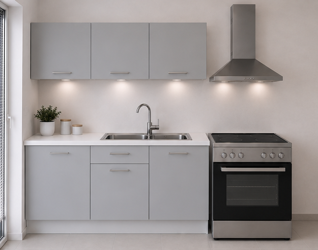 Intrahome Ευθεία Κουζίνα 90 Πλάτος 180 κουτία 97cm / 38cm / 44cm Κρεμαστά – Βάσεις μαζί με πάγκο μελαμίνης 3,2cm  Intrahome-gkri231282365745