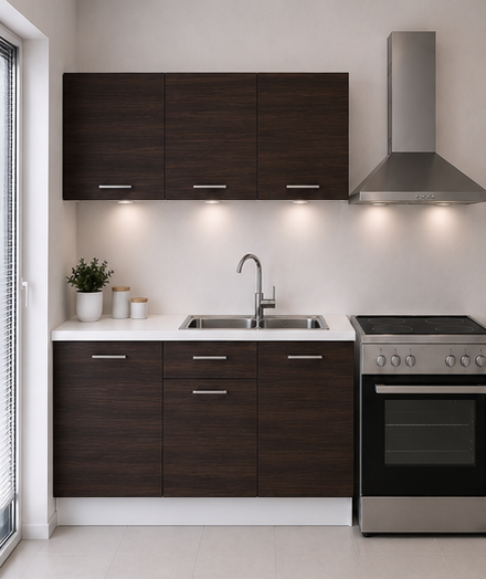Intrahome Ευθεία Κουζίνα 38 Πλάτος 150 κουτία 36cm / 58cm / 48cm Κρεμαστά – Βάσεις μαζί με πάγκο μελαμίνης 3,2cm  Intrahome-wenge231282360545