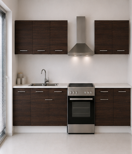 Intrahome Ευθεία Κουζίνα 50 Πλάτος 180 κουτία 44cm / 44cm / 42cm / 56cm Κρεμαστά – Βάσεις μαζί με πάγκο μελαμίνης 3,2cm  Intrahome-wenge231282361745