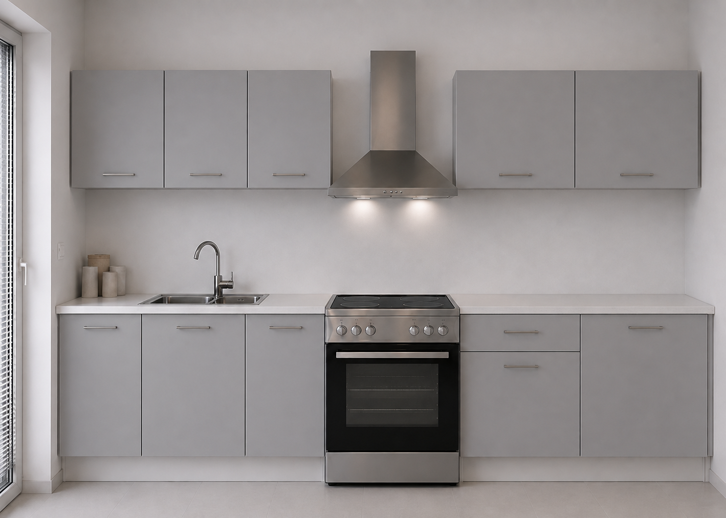 Intrahome Ευθεία Κουζίνα 91 Πλάτος 330 κουτία 100cm / 48cm / 54cm / 54cm / 76cm Κρεμαστά – Βάσεις μαζί με πάγκο μελαμίνης 3,2cm  Intrahome-gkri231282365845