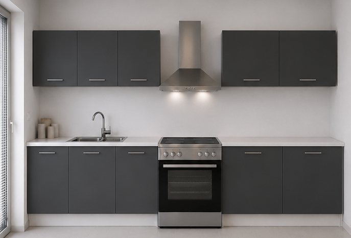 Intrahome Ευθεία Κουζίνα 51 Πλάτος 350 κουτία 103cm / 79cm / 84cm / 41cm / 49cm Κρεμαστά – Βάσεις μαζί με πάγκο μελαμίνης 3,2cm  Intrahome-anthraki231282361831