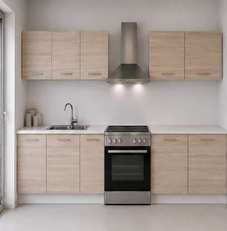 Intrahome Ευθεία Κουζίνα 33 Πλάτος 470 κουτία 97cm / 47cm / 103cm / 56cm / 80cm / 83cm Κρεμαστά – Βάσεις μαζί με πάγκο μελαμίνης 3,2cm Intrahome-sono82360045