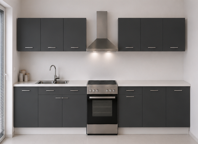 Intrahome Ευθεία Κουζίνα 95 Πλάτος 410 κουτία 84cm / 59cm / 84cm / 96cm / 43cm / 53cm Κρεμαστά – Βάσεις μαζί με πάγκο μελαμίνης 3,2cm  Intrahome-anthraki231282366245