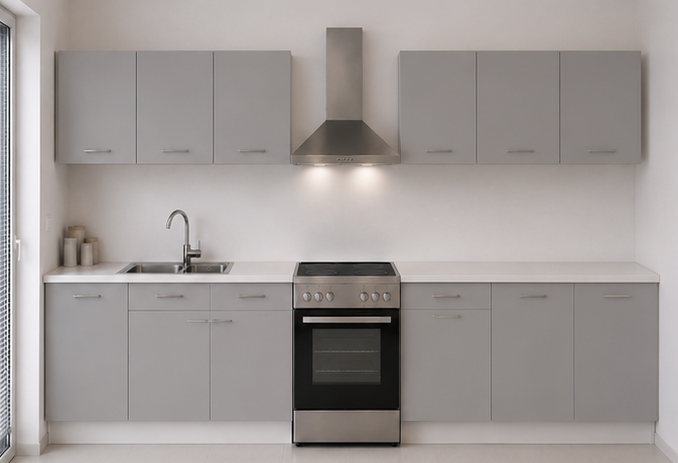 Intrahome Ευθεία Κουζίνα 95 Πλάτος 410 κουτία 84cm / 59cm / 84cm / 96cm / 43cm / 53cm Κρεμαστά – Βάσεις μαζί με πάγκο μελαμίνης 3,2cm  Intrahome-gkri231282366245