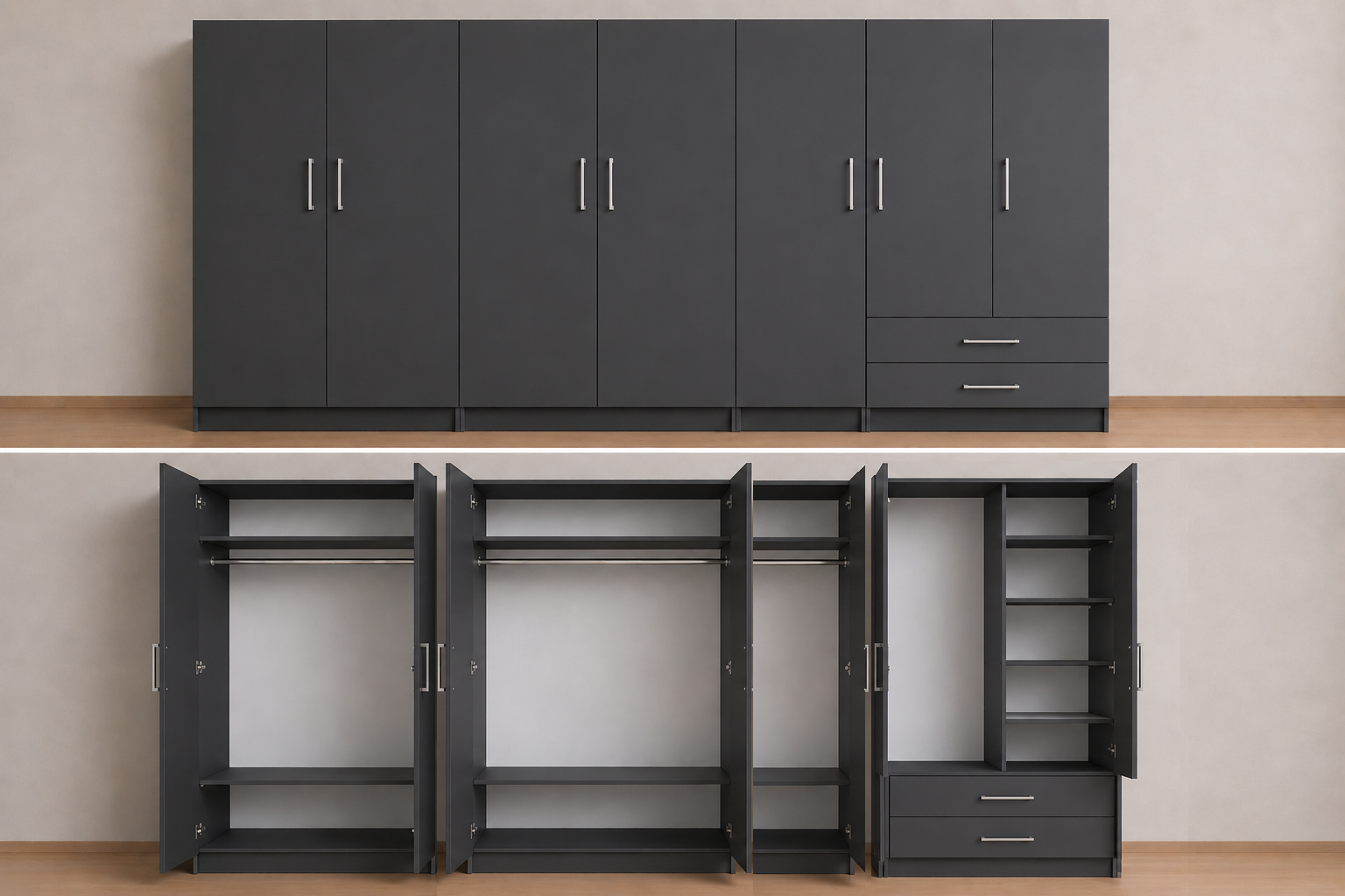 Intrahome Ντουλάπα ανθρακί 271x306x56 με πατάρι 60cm Μαζί με δύο συρτάρια NT1214L-271-306-24728  Κουτί  BOX100|BOX100|BOX71  Πατάρι  PAT100|PAT100|PAT71
