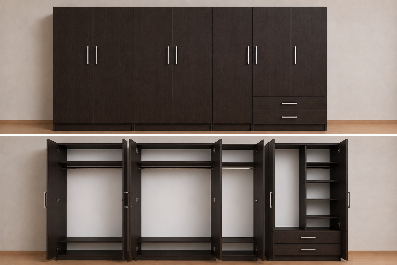 Intrahome Ντουλάπα Wenge 300x243x56 Μαζί με δύο συρτάρια NT12144L-300-243-49985  Κουτί  BOX100|BOX100|BOX100 χωρίς πατάρι