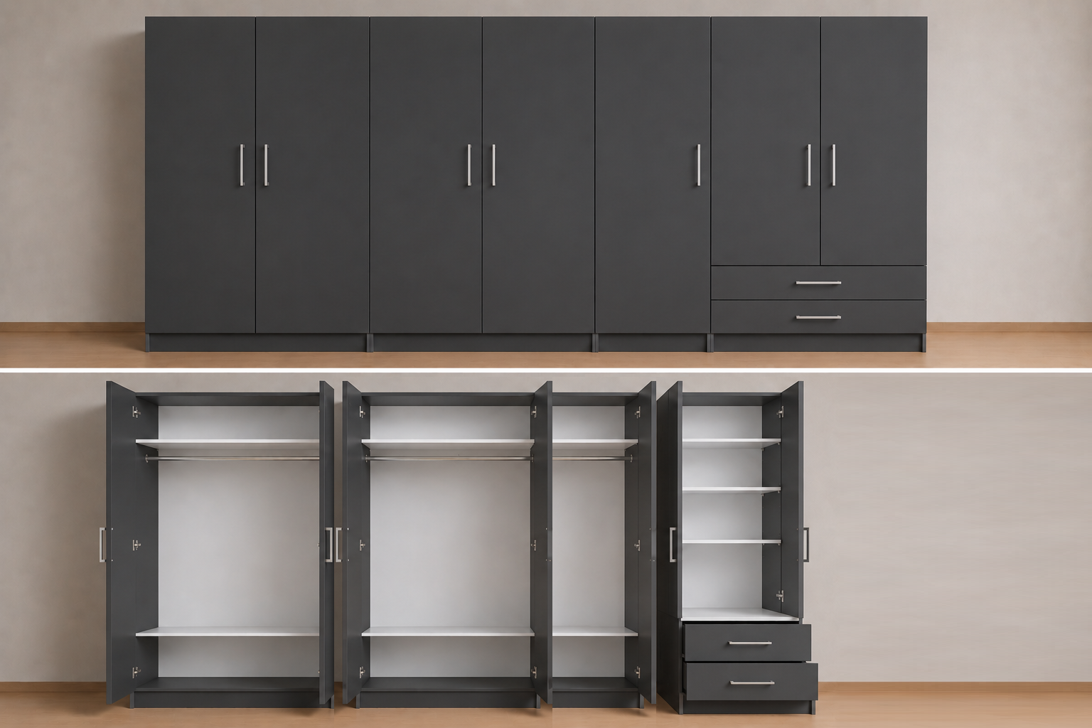 Intrahome Ντουλάπα ανθρακί 325x306x56 με πατάρι 60cm Μαζί με δύο συρτάρια NT1214L-325-306-24782  Κουτί  BOX100|BOX100|BOX100|BOX25  Πατάρι  PAT100|PAT100|PAT100|PAT25