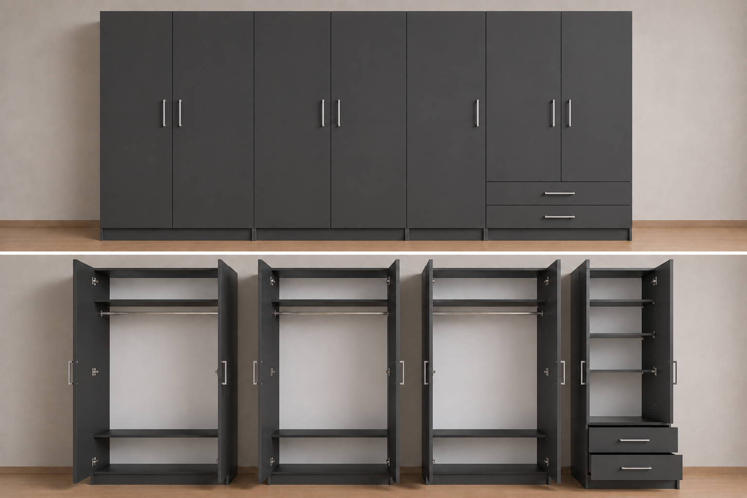 Intrahome Ντουλάπα ανθρακί 393x306x56 με πατάρι 60cm Μαζί με δύο συρτάρια NT1214L-393-306-24850  Κουτί  BOX100|BOX100|BOX100|BOX93  Πατάρι  PAT100|PAT100|PAT100|PAT93