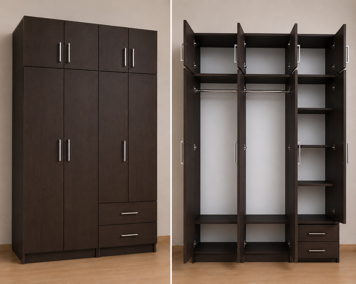 Intrahome Ντουλάπα Wenge 140x251x56 με πατάρι 60cm Μαζί με δύο συρτάρια NT12144L-140-251-04192  Κουτί  BOX100|BOX40  Πατάρι  PAT100|PAT40