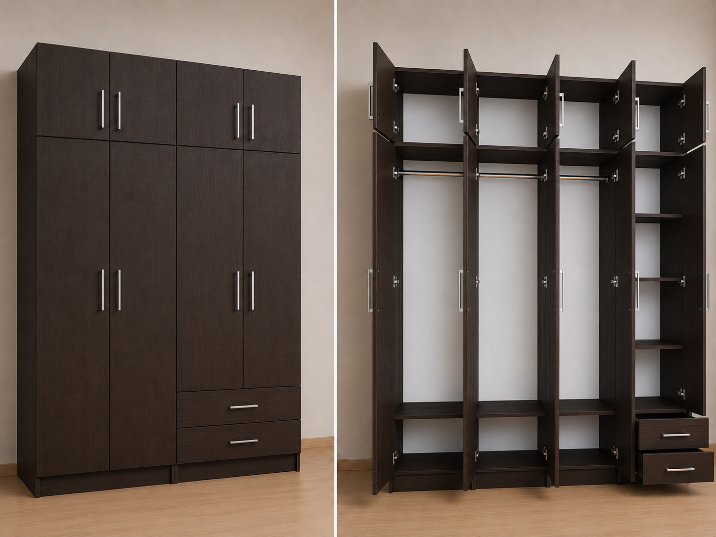 Intrahome Ντουλάπα Wenge 164x251x56 με πατάρι 60cm Μαζί με δύο συρτάρια NT12144L-164-251-04216  Κουτί  BOX100|BOX64  Πατάρι  PAT100|PAT64