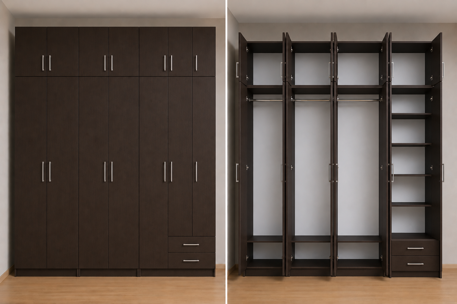 Intrahome Ντουλάπα Wenge 315x303x56 με πατάρι 60cm Μαζί με δύο συρτάρια NT12144L-315-303-50000  Κουτί  BOX100|BOX100|BOX100|BOX15  Πατάρι  PAT100|PAT100|PAT100|PAT15