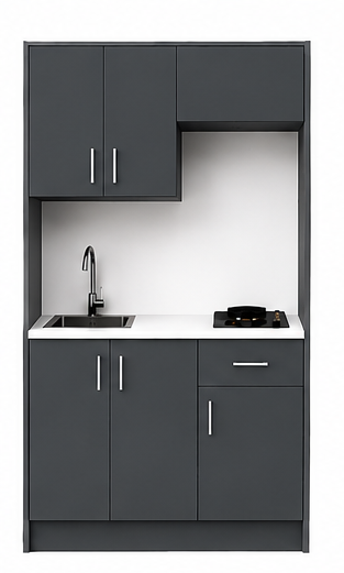 Intrahome Studio105Airbnb07 Πολυκουζινάκι 102cm, ύψος 220cm, βάθος 50cm, ανθρακί μοριοσανίδα 16mm, πάγκος 32mm, μικρή inox γούρνα αριστερά, εστία 2 ματιών δεξιά, σχέδιο Airbnb. Intrahome-polikou1287644776