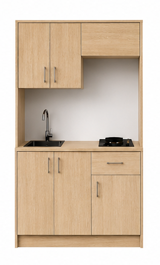 Intrahome Studio105Airbnb07 Πολυκουζινάκι 102cm, ύψος 220cm, βάθος 50cm, sonoma - δρυς μοριοσανίδα 16mm, πάγκος 32mm, μικρή inox γούρνα αριστερά, εστία 2 ματιών δεξιά, σχέδιο Airbnb. Intrahome-polikou6587644776