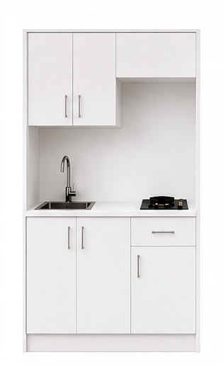 Intrahome Studio105Airbnb07 Πολυκουζινάκι 102cm, ύψος 220cm, βάθος 50cm, λευκή μελαμίνη 16mm, πάγκος 32mm, μικρή inox γούρνα αριστερά, εστία 2 ματιών δεξιά, σχέδιο Airbnb. Intrahome-polikou87644776