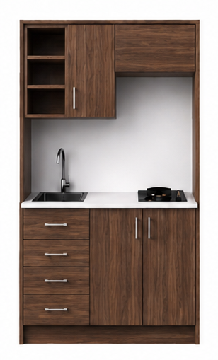 Intrahome Studio105Classic01 Πολυκουζινάκι 92cm, ύψος 220cm, βάθος 50cm, καρυδι μοριοσανίδα 16mm, πάγκος 32mm, μικρή inox γούρνα αριστερά, εστία 2 ματιών δεξιά, σχέδιο Classic. Intrahome-polikou2287644246
