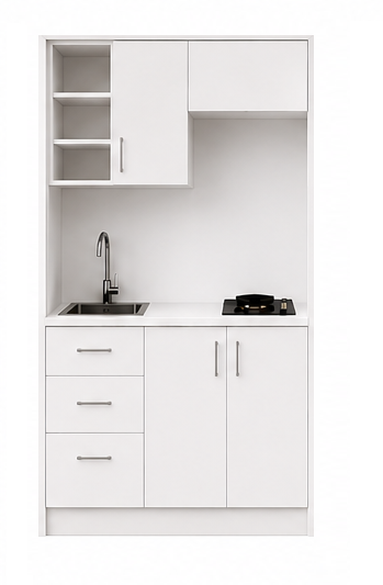Intrahome Studio105Classic01 Πολυκουζινάκι 102cm, ύψος 220cm, βάθος 50cm, λευκή μελαμίνη 16mm, πάγκος 32mm, μικρή inox γούρνα αριστερά, εστία 2 ματιών δεξιά, σχέδιο Classic. Intrahome-polikou87644296