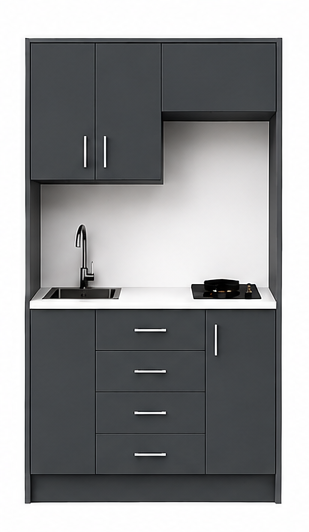 Intrahome Studio105Compact05 Πολυκουζινάκι 102cm, ύψος 220cm, βάθος 50cm, ανθρακί μοριοσανίδα 16mm, πάγκος 32mm, μικρή inox γούρνα αριστερά, εστία 2 ματιών δεξιά, σχέδιο Compact. Intrahome-polikou1287644616