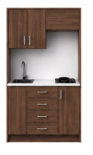 Intrahome Studio105Compact05 Πολυκουζινάκι 97cm, ύψος 220cm, βάθος 50cm, καρυδι μοριοσανίδα 16mm, πάγκος 32mm, μικρή inox γούρνα αριστερά, εστία 2 ματιών δεξιά, σχέδιο Compact. Intrahome-polikou2287644591