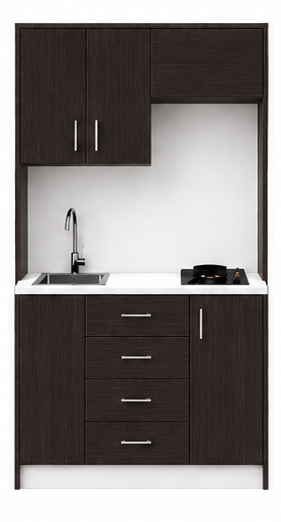 Intrahome Studio105Compact05 Πολυκουζινάκι 91cm, ύψος 205cm, βάθος 50cm, wenge μοριοσανίδα 16mm, πάγκος 32mm, μικρή inox γούρνα αριστερά, εστία 2 ματιών δεξιά, σχέδιο Compact. Intrahome-polikou3387644558