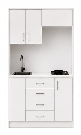 Intrahome Studio105Compact05 Πολυκουζινάκι 102cm, ύψος 220cm, βάθος 50cm, λευκή μελαμίνη 16mm, πάγκος 32mm, μικρή inox γούρνα αριστερά, εστία 2 ματιών δεξιά, σχέδιο Compact. Intrahome-polikou87644616