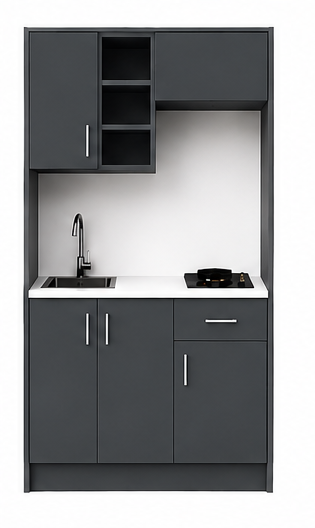 Intrahome Studio105Drawer03 Πολυκουζινάκι 102cm, ύψος 220cm, βάθος 50cm, ανθρακί μοριοσανίδα 16mm, πάγκος 32mm, μικρή inox γούρνα αριστερά, εστία 2 ματιών δεξιά, σχέδιο Drawer. Intrahome-polikou1287644456