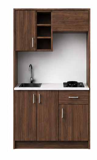 Intrahome Studio105Drawer03 Πολυκουζινάκι 97cm, ύψος 220cm, βάθος 50cm, καρυδι μοριοσανίδα 16mm, πάγκος 32mm, μικρή inox γούρνα αριστερά, εστία 2 ματιών δεξιά, σχέδιο Drawer. Intrahome-polikou2287644431