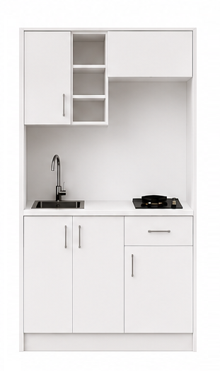 Intrahome Studio105Drawer03 Πολυκουζινάκι 102cm, ύψος 220cm, βάθος 50cm, λευκή μελαμίνη 16mm, πάγκος 32mm, μικρή inox γούρνα αριστερά, εστία 2 ματιών δεξιά, σχέδιο Drawer. Intrahome-polikou87644456