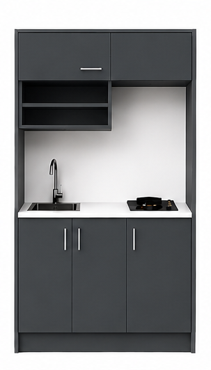Intrahome Studio105Elite11 Πολυκουζινάκι 102cm, ύψος 220cm, βάθος 50cm, ανθρακί μοριοσανίδα 16mm, πάγκος 32mm, μικρή inox γούρνα αριστερά, εστία 2 ματιών δεξιά, σχέδιο Elite. Intrahome-polikou1287645096