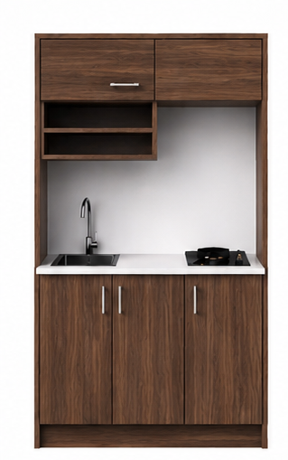 Intrahome Studio105Elite11 Πολυκουζινάκι 91cm, ύψος 205cm, βάθος 50cm, καρυδι μοριοσανίδα 16mm, πάγκος 32mm, μικρή inox γούρνα αριστερά, εστία 2 ματιών δεξιά, σχέδιο Elite. Intrahome-polikou2287645038