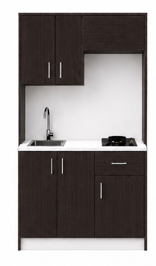 Intrahome Studio105Elite11 Πολυκουζινάκι 90cm, ύψος 220cm, βάθος 50cm, wenge μοριοσανίδα 16mm, πάγκος 32mm, μικρή inox γούρνα αριστερά, εστία 2 ματιών δεξιά, σχέδιο Elite. Intrahome-polikou3387645036