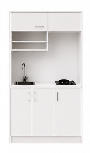 Intrahome Studio105Elite11 Πολυκουζινάκι 102cm, ύψος 220cm, βάθος 50cm, λευκή μελαμίνη 16mm, πάγκος 32mm, μικρή inox γούρνα αριστερά, εστία 2 ματιών δεξιά, σχέδιο Elite. Intrahome-polikou87645096