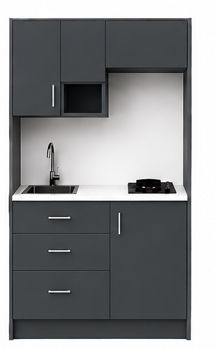 Intrahome Studio105Flex10 Πολυκουζινάκι 102cm, ύψος 220cm, βάθος 50cm, ανθρακί μοριοσανίδα 16mm, πάγκος 32mm, μικρή inox γούρνα αριστερά, εστία 2 ματιών δεξιά, σχέδιο Flex. Intrahome-polikou1287645016