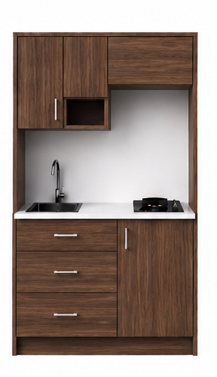 Intrahome Studio105Flex10 Πολυκουζινάκι 91cm, ύψος 205cm, βάθος 50cm, καρυδι μοριοσανίδα 16mm, πάγκος 32mm, μικρή inox γούρνα αριστερά, εστία 2 ματιών δεξιά, σχέδιο Flex. Intrahome-polikou2287644958
