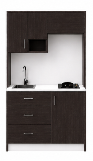 Intrahome Studio105Flex10 Πολυκουζινάκι 90cm, ύψος 220cm, βάθος 50cm, wenge μοριοσανίδα 16mm, πάγκος 32mm, μικρή inox γούρνα αριστερά, εστία 2 ματιών δεξιά, σχέδιο Flex. Intrahome-polikou3387644956