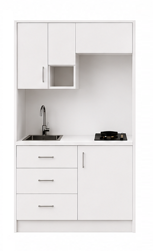 Intrahome Studio105Flex10 Πολυκουζινάκι 102cm, ύψος 220cm, βάθος 50cm, λευκή μελαμίνη 16mm, πάγκος 32mm, μικρή inox γούρνα αριστερά, εστία 2 ματιών δεξιά, σχέδιο Flex. Intrahome-polikou87645016