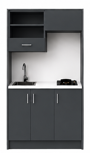Intrahome Studio105Max08 Πολυκουζινάκι 102cm, ύψος 220cm, βάθος 50cm, ανθρακί μοριοσανίδα 16mm, πάγκος 32mm, μικρή inox γούρνα αριστερά, εστία 2 ματιών δεξιά, σχέδιο Max. Intrahome-polikou1287644856