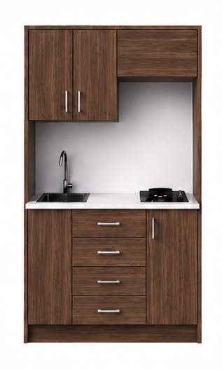 Intrahome Studio105Max08 Πολυκουζινάκι 91cm, ύψος 205cm, βάθος 50cm, καρυδι μοριοσανίδα 16mm, πάγκος 32mm, μικρή inox γούρνα αριστερά, εστία 2 ματιών δεξιά, σχέδιο Max. Intrahome-polikou2287644798