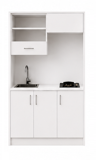 Intrahome Studio105Max08 Πολυκουζινάκι 102cm, ύψος 220cm, βάθος 50cm, λευκή μελαμίνη 16mm, πάγκος 32mm, μικρή inox γούρνα αριστερά, εστία 2 ματιών δεξιά, σχέδιο Max. Intrahome-polikou87644856