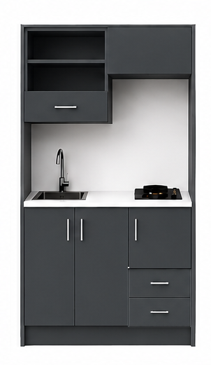 Intrahome Studio105Plus06 Πολυκουζινάκι 102cm, ύψος 220cm, βάθος 50cm, ανθρακί μοριοσανίδα 16mm, πάγκος 32mm, μικρή inox γούρνα αριστερά, εστία 2 ματιών δεξιά, σχέδιο Plus. Intrahome-polikou1287644696