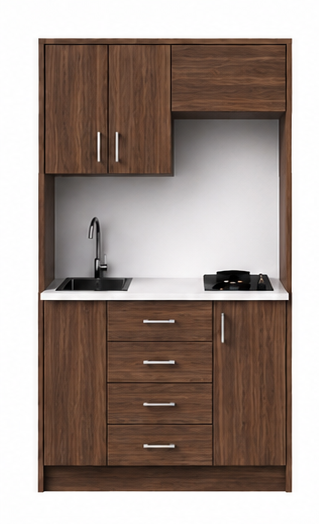 Intrahome Studio105Plus06 Πολυκουζινάκι 97cm, ύψος 220cm, βάθος 50cm, καρυδι μοριοσανίδα 16mm, πάγκος 32mm, μικρή inox γούρνα αριστερά, εστία 2 ματιών δεξιά, σχέδιο Plus. Intrahome-polikou2287644671