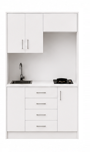 Intrahome Studio105Plus06 Πολυκουζινάκι 102cm, ύψος 220cm, βάθος 50cm, λευκή μελαμίνη 16mm, πάγκος 32mm, μικρή inox γούρνα αριστερά, εστία 2 ματιών δεξιά, σχέδιο Plus. Intrahome-polikou87644696
