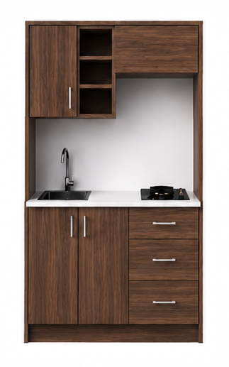 Intrahome Studio105Prime09 Πολυκουζινάκι 91cm, ύψος 205cm, βάθος 50cm, καρυδι μοριοσανίδα 16mm, πάγκος 32mm, μικρή inox γούρνα αριστερά, εστία 2 ματιών δεξιά, σχέδιο Prime. Intrahome-polikou2287644878