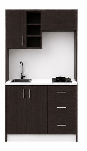 Intrahome Studio105Prime09 Πολυκουζινάκι 91cm, ύψος 205cm, βάθος 50cm, wenge μοριοσανίδα 16mm, πάγκος 32mm, μικρή inox γούρνα αριστερά, εστία 2 ματιών δεξιά, σχέδιο Prime. Intrahome-polikou3387644878