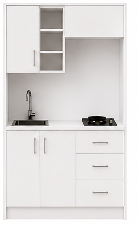 Intrahome Studio105Prime09 Πολυκουζινάκι 102cm, ύψος 220cm, βάθος 50cm, λευκή μελαμίνη 16mm, πάγκος 32mm, μικρή inox γούρνα αριστερά, εστία 2 ματιών δεξιά, σχέδιο Prime. Intrahome-polikou87644936