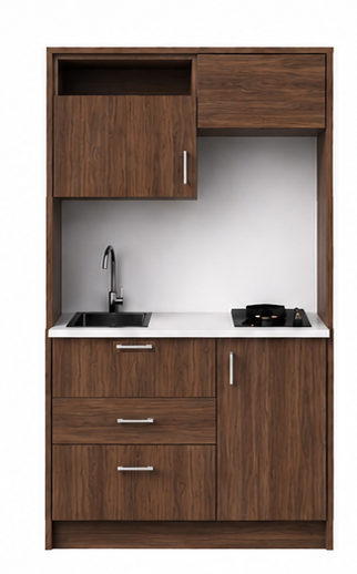 Intrahome Studio105Pro12 Πολυκουζινάκι 91cm, ύψος 205cm, βάθος 50cm, καρυδι μοριοσανίδα 16mm, πάγκος 32mm, μικρή inox γούρνα αριστερά, εστία 2 ματιών δεξιά, σχέδιο Pro. Intrahome-polikou2287645118