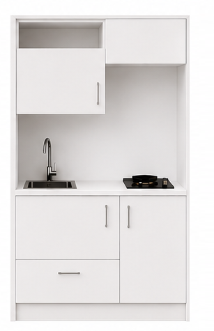 Intrahome Studio105Pro12 Πολυκουζινάκι 102cm, ύψος 220cm, βάθος 50cm, λευκή μελαμίνη 16mm, πάγκος 32mm, μικρή inox γούρνα αριστερά, εστία 2 ματιών δεξιά, σχέδιο Pro. Intrahome-polikou87645176