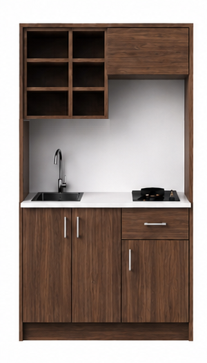 Intrahome Studio105Smart04 Πολυκουζινάκι 97cm, ύψος 220cm, βάθος 50cm, καρυδι μοριοσανίδα 16mm, πάγκος 32mm, μικρή inox γούρνα αριστερά, εστία 2 ματιών δεξιά, σχέδιο Smart. Intrahome-polikou2287644511