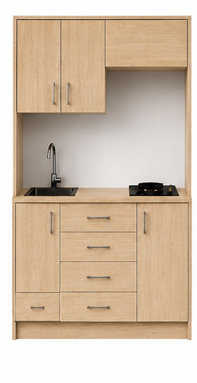 Intrahome Studio105Smart04 Πολυκουζινάκι 102cm, ύψος 220cm, βάθος 50cm, sonoma - δρυς μοριοσανίδα 16mm, πάγκος 32mm, μικρή inox γούρνα αριστερά, εστία 2 ματιών δεξιά, σχέδιο Smart. Intrahome-polikou6587644536