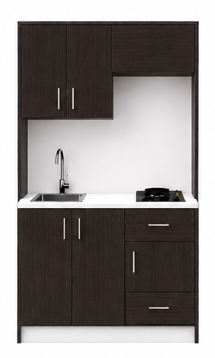 Intrahome Studio105Smart04 Πολυκουζινάκι 91cm, ύψος 205cm, βάθος 50cm, wenge μοριοσανίδα 16mm, πάγκος 32mm, μικρή inox γούρνα αριστερά, εστία 2 ματιών δεξιά, σχέδιο Smart. Intrahome-polikou3387644478
